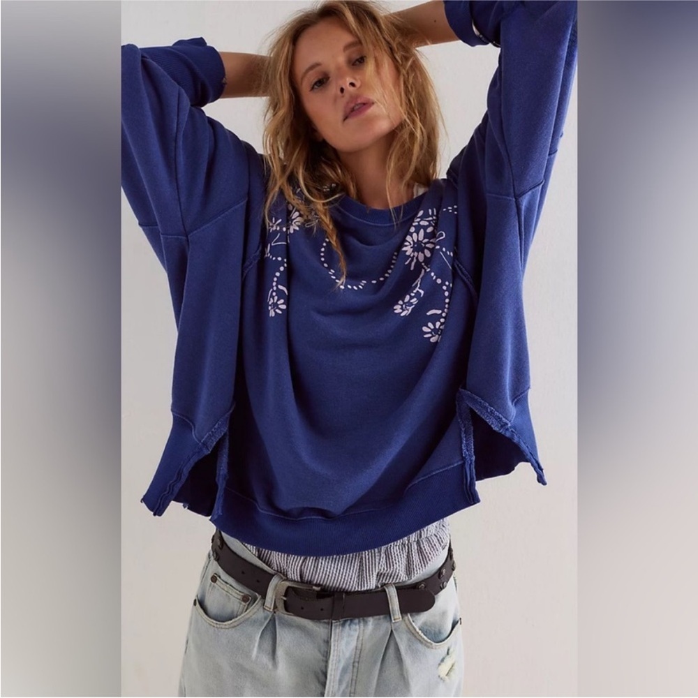 Free People Blue Floral Embroidered Oversized Sweatshirt